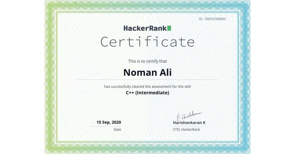 HackerRank C++ Intermediate Certificate for Noman Ali